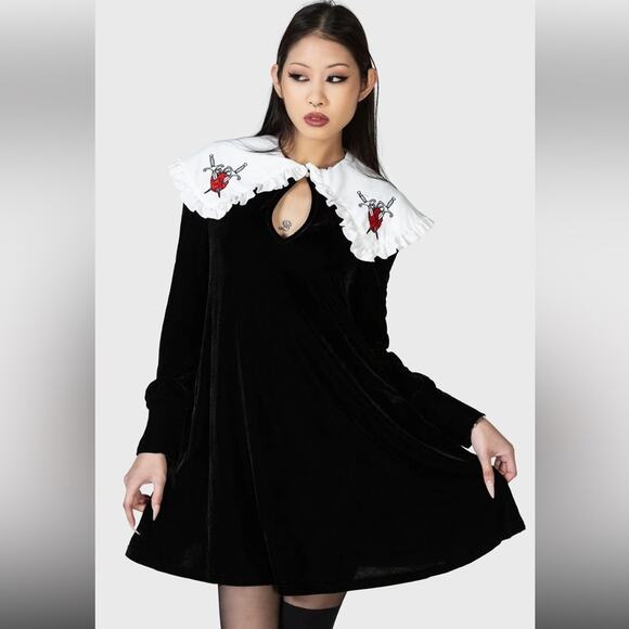 Killstar Courtney Dress Black Heart with White Trim Peter Pan Collar Size S - Picture 2 of 9